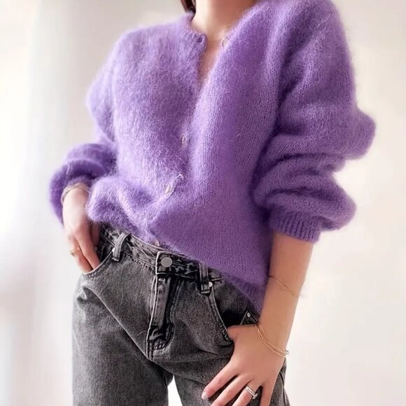 Purple Reversible Lightweight Cardigan Pullower Sweater Wool Blend - Picture 4 of 5
